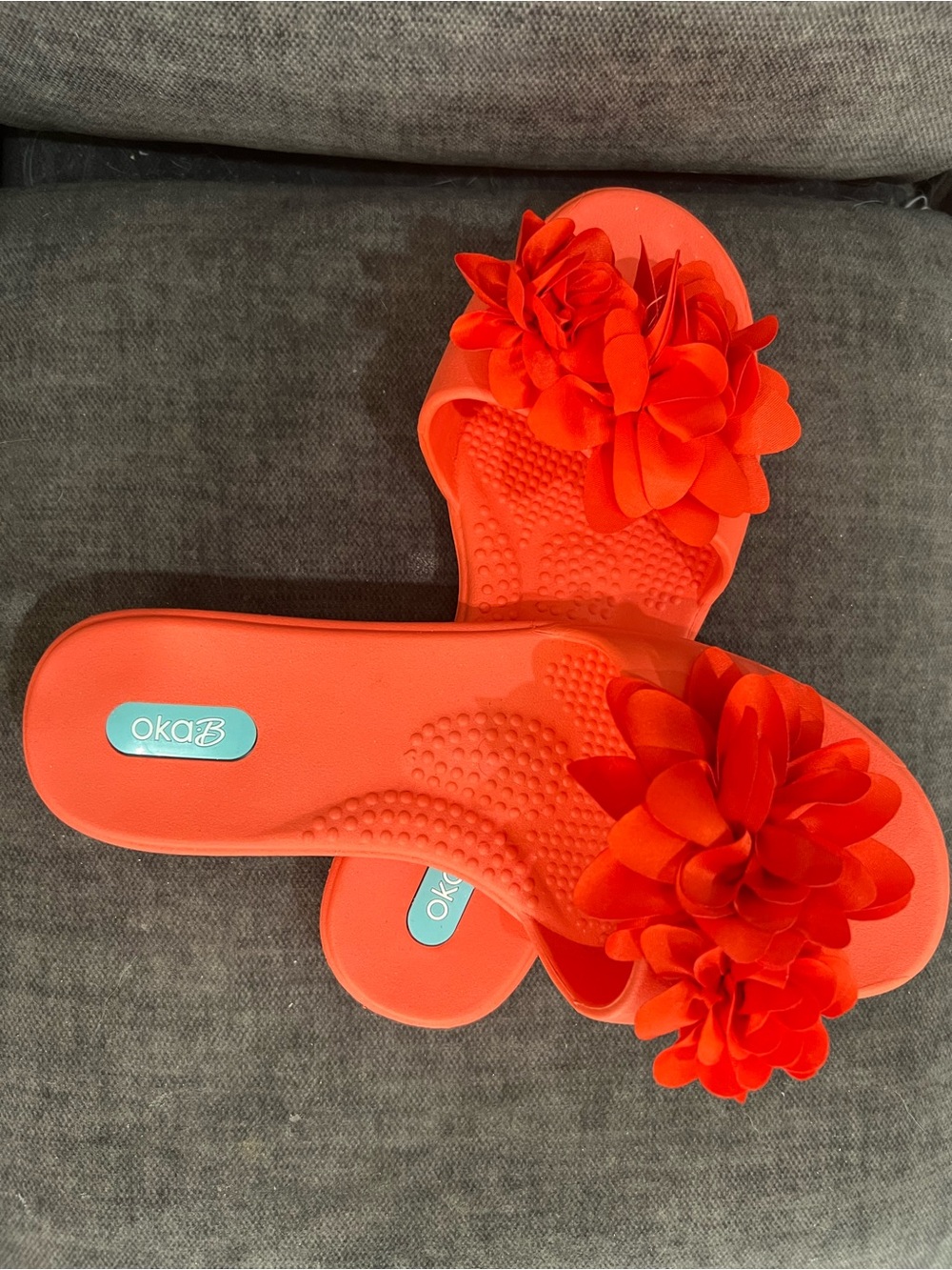 OKA b. Coral Red Floral Slide Sandals